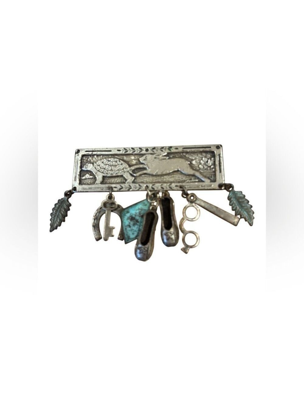 VTG VICTORIAN CHATELAINE BAR TORTOISE & HARE & 7 CHARMS OPERA GLASSES FEATHERS +